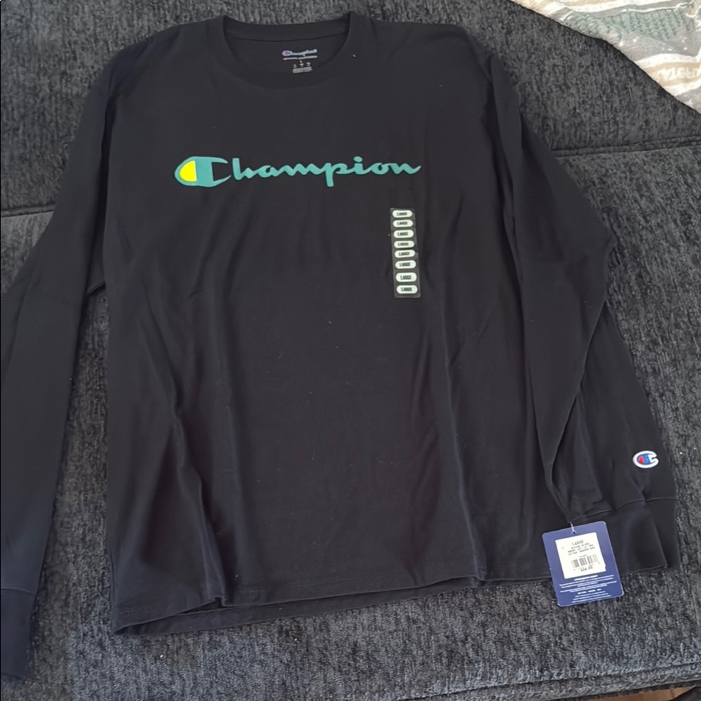 Champion Black Long Sleeve Tee with Green Logo